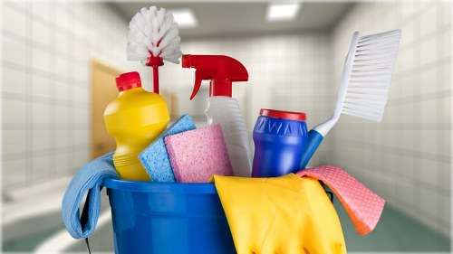 Carpet cleaning team sorting recyclable packaging and waste responsibly
