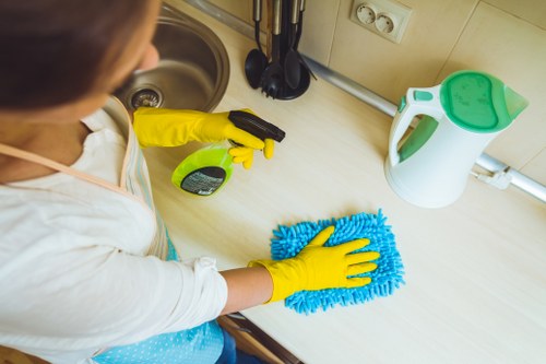 Eco-friendly cleaning supplies and reusable containers used in carpet care